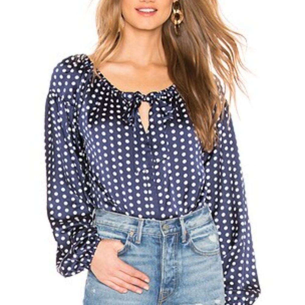 Line & Dot Polka Dot Satin Long Sleeves Navy Blouse XS
